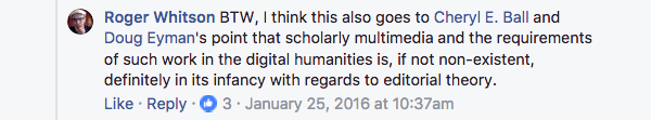 A screenshot from a Facebook conversation about a lack of diversity among authors in this issue