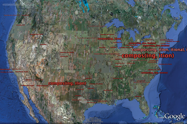 Aggregate map of composi(ng, tion, tional, tionists, tions), the second most
frequently-occurring term in online Rhetoric and Composition journals, for the entire sample period (1996-2008).