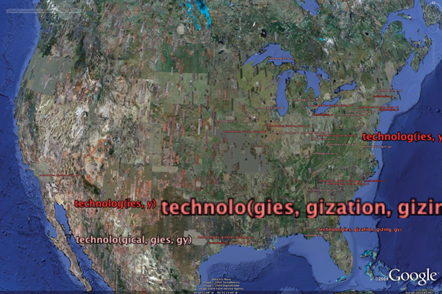 Aggregate map of technolog(ical, ies, ization, izing, y), the fourth most frequently-occurring term in online Rhetoric and Composition journals, for the entire sample period (1996-2008).