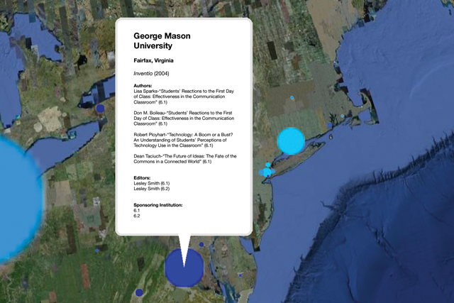 Mock-up of enhanced PPSM pop-up balloon containing additional per-issue data about individual contributions, including author and editor names, work titles, and location of online journal sponsoring institutions.