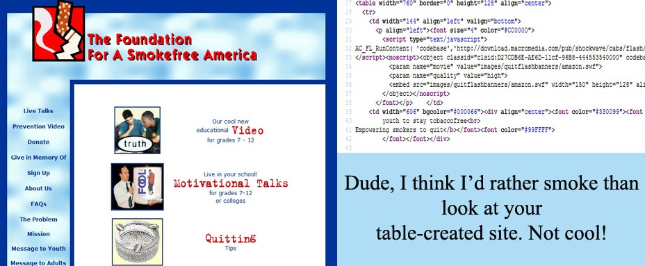 home page of anti-smoking organization showing table-based code