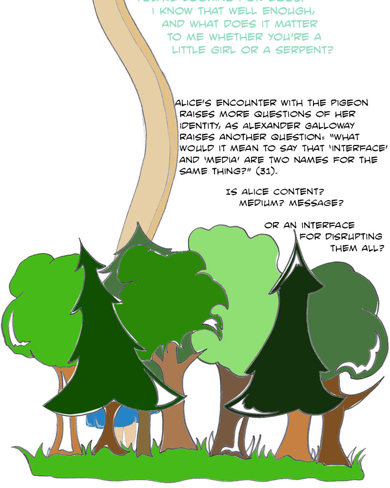 You're looking for eggs, I know that well enough, and what does it matter to me whether you're a little girl or a serpent? Alice's encounter with the pigeon raises more questions of her identity, as Alexander Galloway raises another question: 'What would it mean to say that 'interface' and 'media' are two names for the same thing?' (31). Is Alice content? Medium? Message? Or an interface for disrupting them all? Or a lens for disrupting them all?