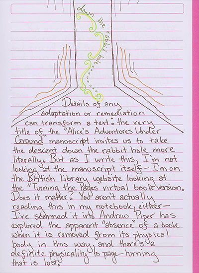 Details of any adaptation or remediation can transform a text: the very title of the \'Alice\'s Adventures Under Ground\' manuscript invites us to take the descent down the rabbit hole more literally. But as I write this, I\'m not looking at the manuscript itself—I\'m on the British Library website looking at the \'Turning the Pages\' virtual book version. Does it matter? You aren't actually reading this in my notebook either—I\'ve scanned it in, and now I\'ve retyped it while looking at the scan of my own journal page. Andrew Piper has explored the apparent \'absence\' of a book when it is removed from its physical body in this way, and there\'s a definite physicality to page-turning that is lost.