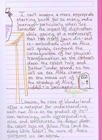 I can't imagine a more appropriate starting point for so many media journeys—particularly when we consider the impact of digitization while gazing at a manuscript that has itself been dis- and re- embodied. Just as Alice will quickly confront the physical consequences of her transformation as she continues down the rabbit hole and further \'under ground,\' so too will we see Alice change as she moves out of the shadow of Alice Liddell and is \'born-again\'—digital. Likewise, the rules of Wonderland offer a metaphor for understanding each new Alice as the product of its own technology with corresponding rules and structures. The deeper down the rabbit hole we follow Alice (and the elusive White Rabbit) the more of these platforms we can expose.