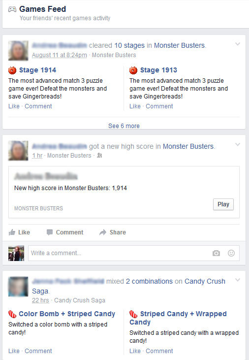 Facebook games feed showing users' recent activity in various online games
