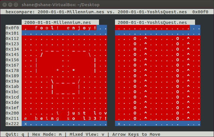 Screenshot: hexcompare comparison of Millennium Mario and Yoshis Quest