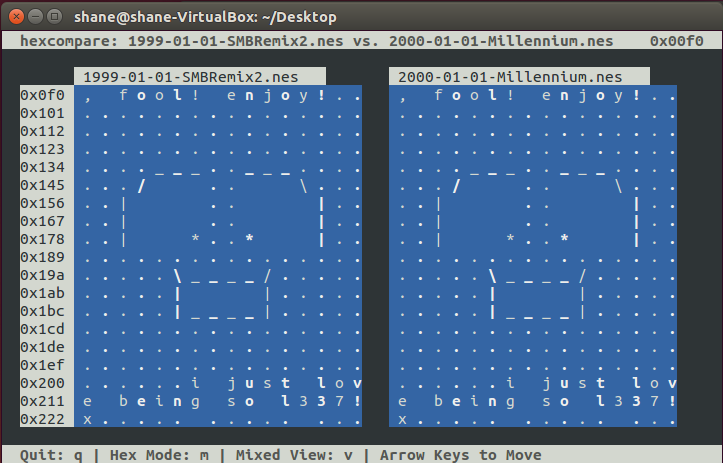 Screenshot: hexcompare comparison of SMBRemix2 and Millennium Mario, detail view