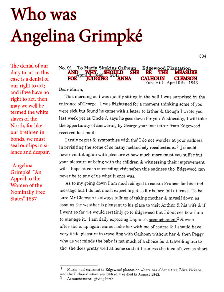 text-heavy image of 1843 letter annotated with red block quotations and large red text reading, Who was Angelina Grimpke