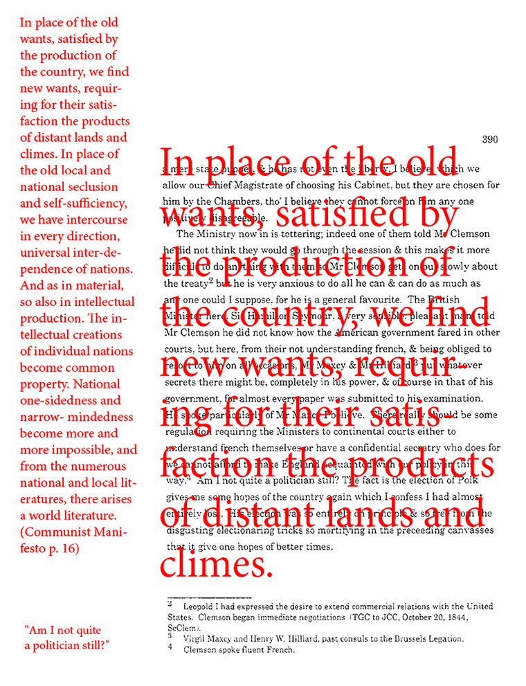 text-heavy image of letter annotated with large block red quotation from Communist Manifesto