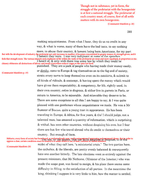 text-heavy image of letter annotated with large block red quotation from Communist Manifesto