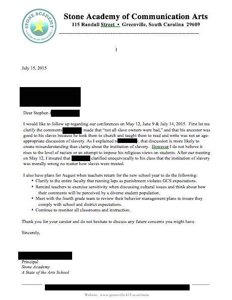 letter from Principal explaining the school's response to a discussion of slavery by a teacher in which the teacher claimed not all slave-owners were bad