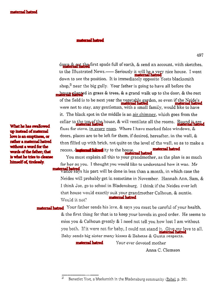 text-heavy image of letter annotated with a block of red text on the left and the phrase 'maternal hatred' repeatedly scattered over the text