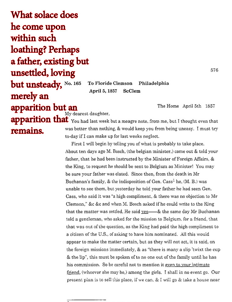 text-heavy image of 1857 letter annotated with red text on the left: What solace does he come upon within such loathing? Perhaps a father, existing but unsettled, loving but unsteady, merely an apparition but an apparition that remains.