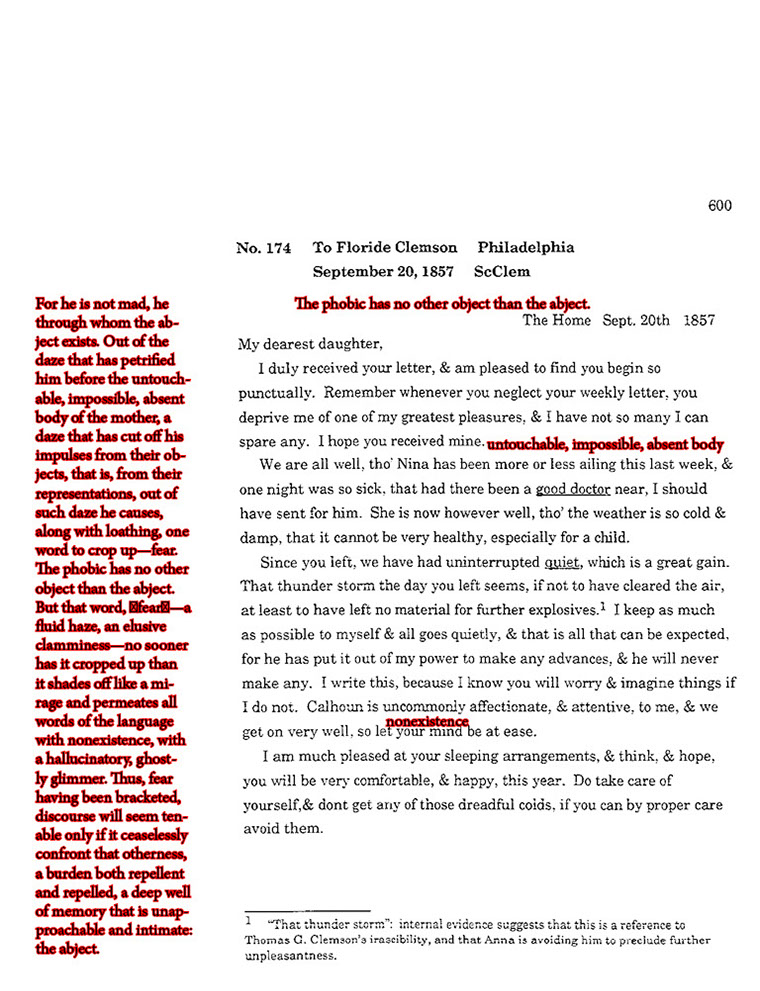 text-heavy image of 1857 letter annotated with a red blockquote on the left and text sprinkled on page: The phobic has no other object than ajbect. untouchable, impossible, absent body. nonexistence.