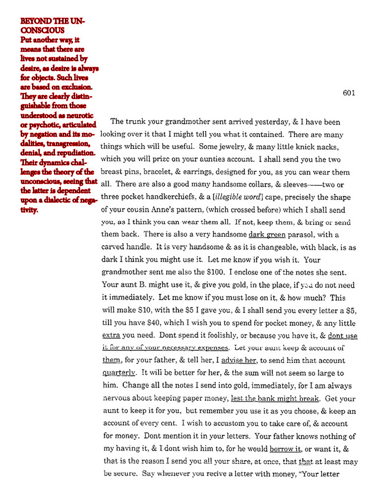 text-heavy image of letter annotated with red text on the left that begins BEYOND THE UNCONSCIOUS