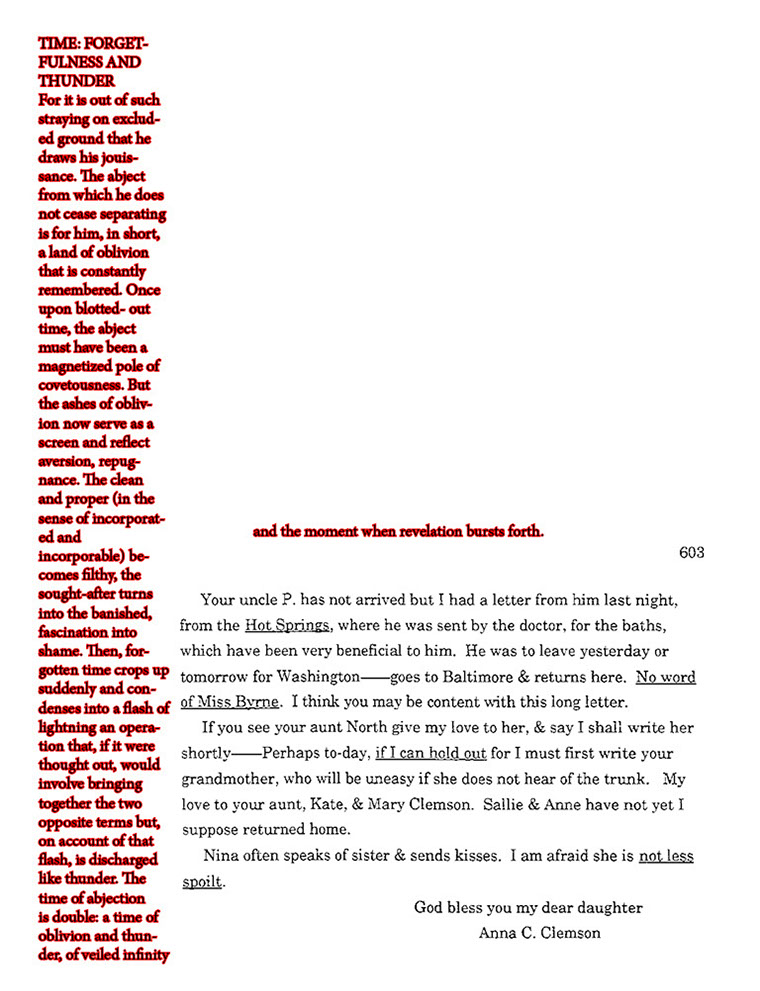 text-heavy image of letter annotated with a long column of red text on the left and a phrase in the middle that reads 'and the moment when revelation bursts forth.'