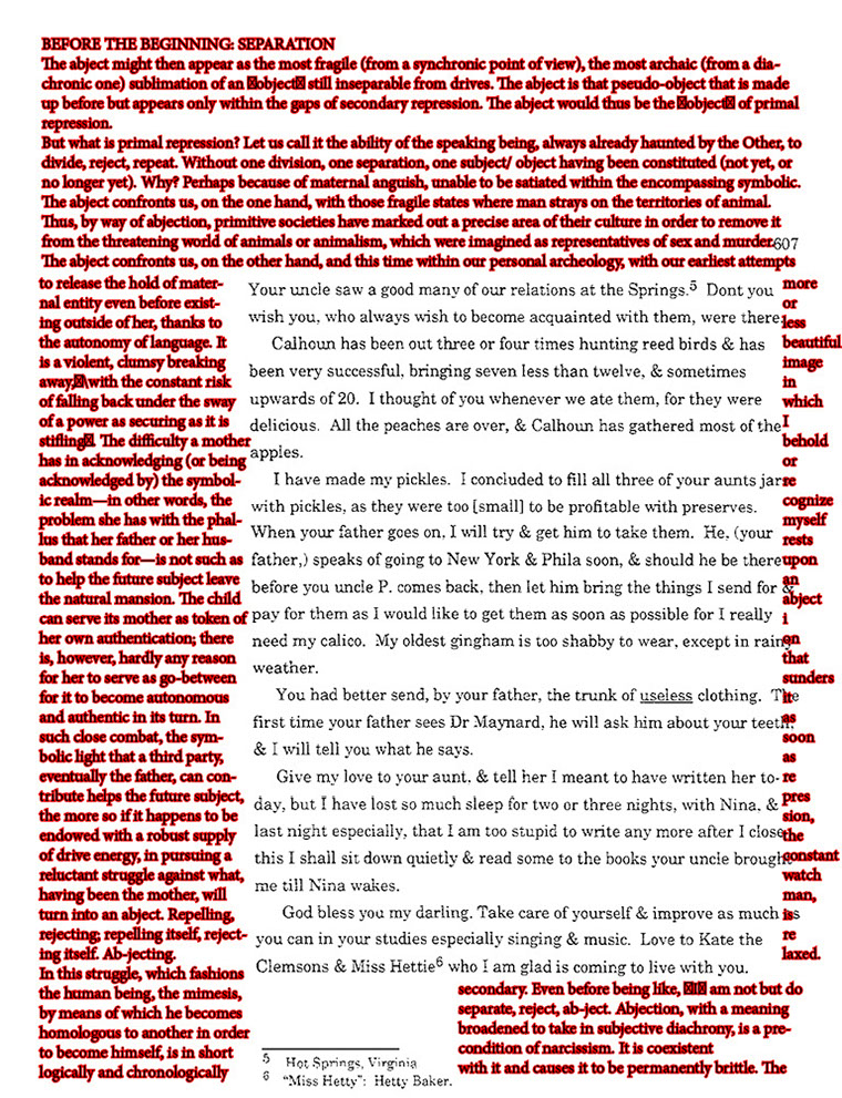 text-heavy image of letter annotated with black and red text that fills up all the margins