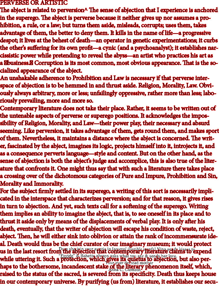 text-heavy image of black text with red borders on the letter, filling the page. The top reads: PERVERSE OR ARTISTIC