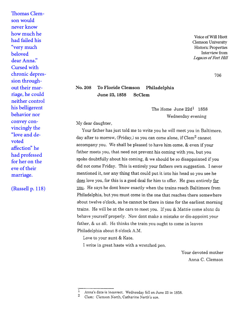 text-heavy image of 1858 letter annotated with a column of blue text on the left. Caption for video reads: Voice of Will Hiott, Clemson University Historic Properties, Interview from Legacies of Fort Hill