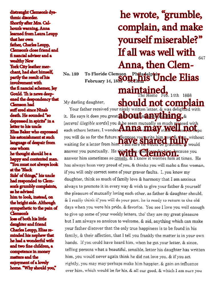 text-heavy image of letter annotated long column of red text on the left and large red text on the right