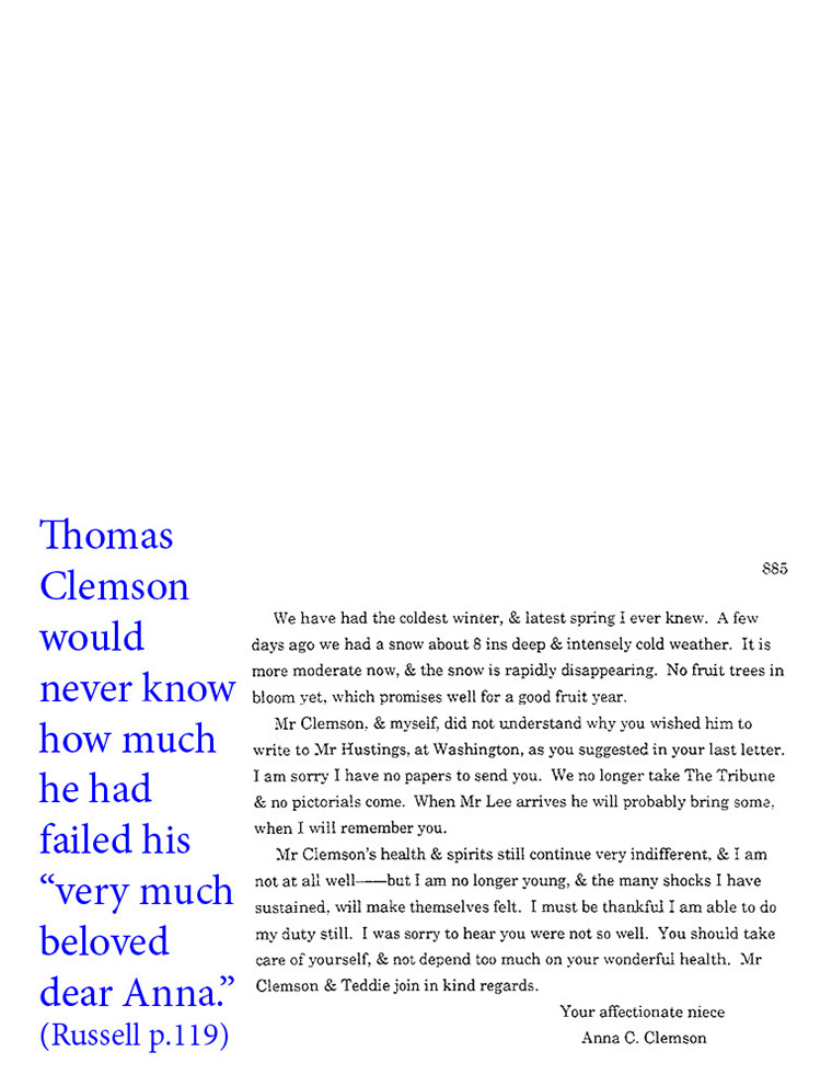 text-heavy image of letter annotated with blue text: Thomas Clemson would never know how much he had failed his 'very much beloved dear Anna' (Russell p. 119)