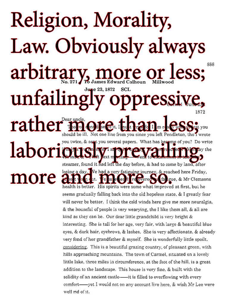 text-heavy image of letter annotated  with large text: Religion, Morality, Law. Obviously always arbitrary, more or less; unfailingly oppressive, rather more or less; laboriously prevailing, more and more so.