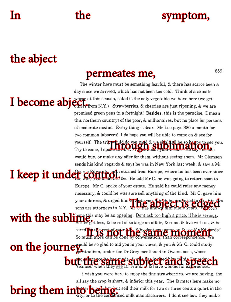 text-heavy image of letter annotated with spread out words: In the symptom, the abject permeates me, I become abject. Through sublimation, I keep it under control. The abject is edged with the sublime. It is not the same moment on the journey, but the same subject and speech bring them into being.