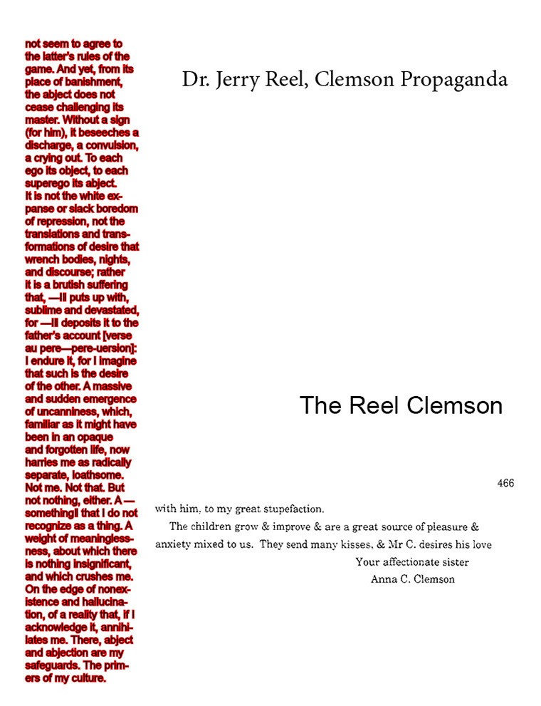 the ending of a letter from Ann Clemson annotated with a red block quotation and black text that reads: Dr. Jerry Reel, Clemson Propaganda. The Reel Clemson