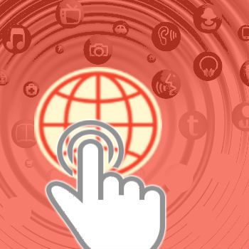 image of finger pointing at globe and ripple cloud across social media icons