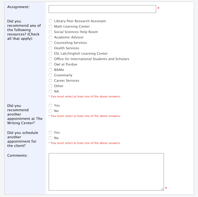 screenshot of MSU's writing center client form with questions about assignment, recommendations for resources, and comments