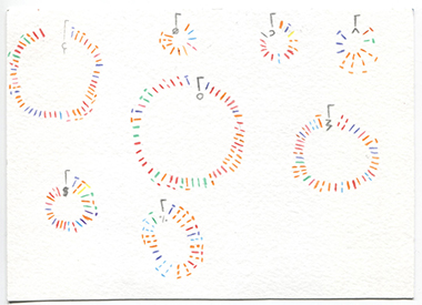 Addy Gutierrez front postcard #1 eight different circles composed of short multicolored lines