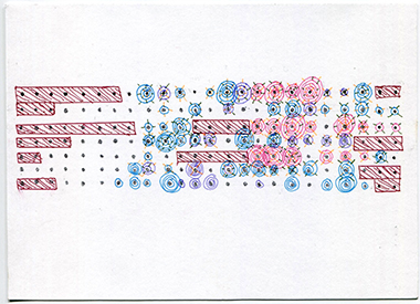 Danielle Sharkey card #1 front grid of black dots with rectangles and circles