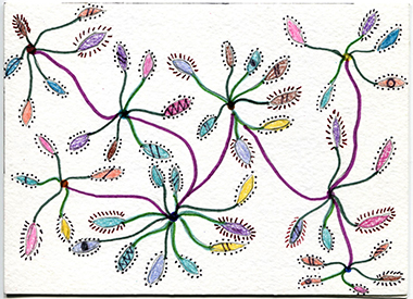 Tejna Patel front postcard #1 curvy multicolor flower shapes with dots and symbols