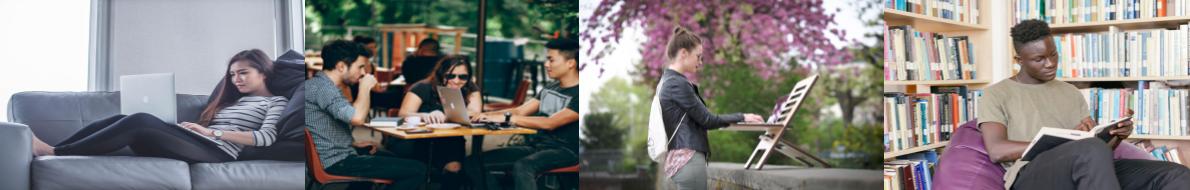 Collage of 4 photos: woman on couch using laptop; 3 young adults at cafe table; white woman using laptop outside; Black man reading book