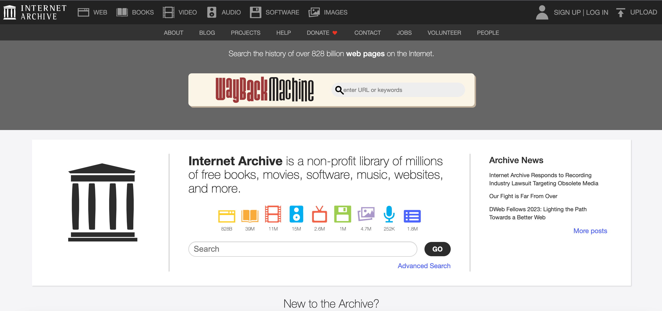 Screenshot of Internet Archive home page with login information, WayBack Machine, and directory