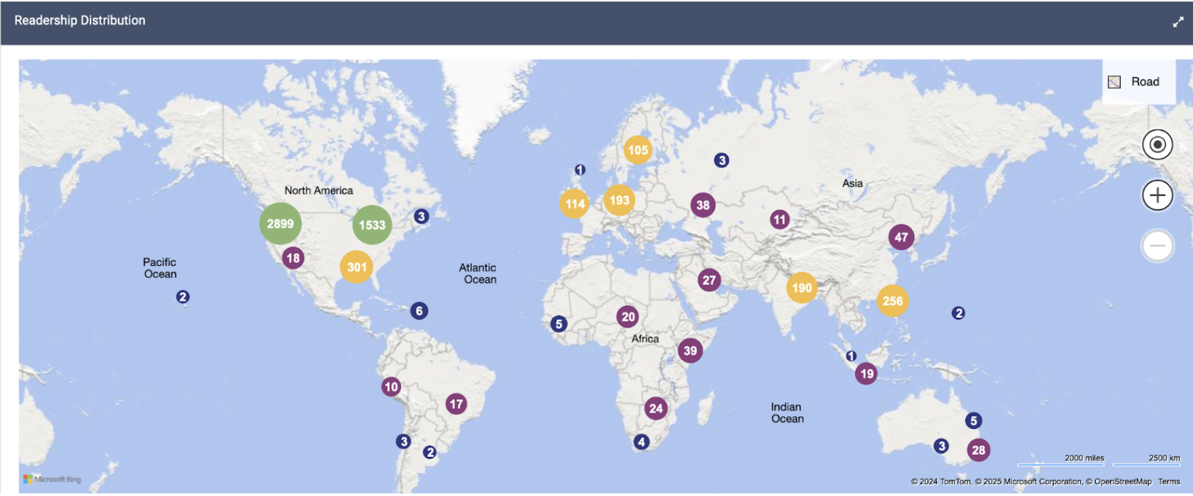 A world map indicating where readers of Cheryl's work are located